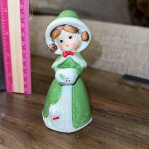 Vintage Jasco 1978 Porcelain Bell Figurine Girl In Green Dress With Muff & Kitty
